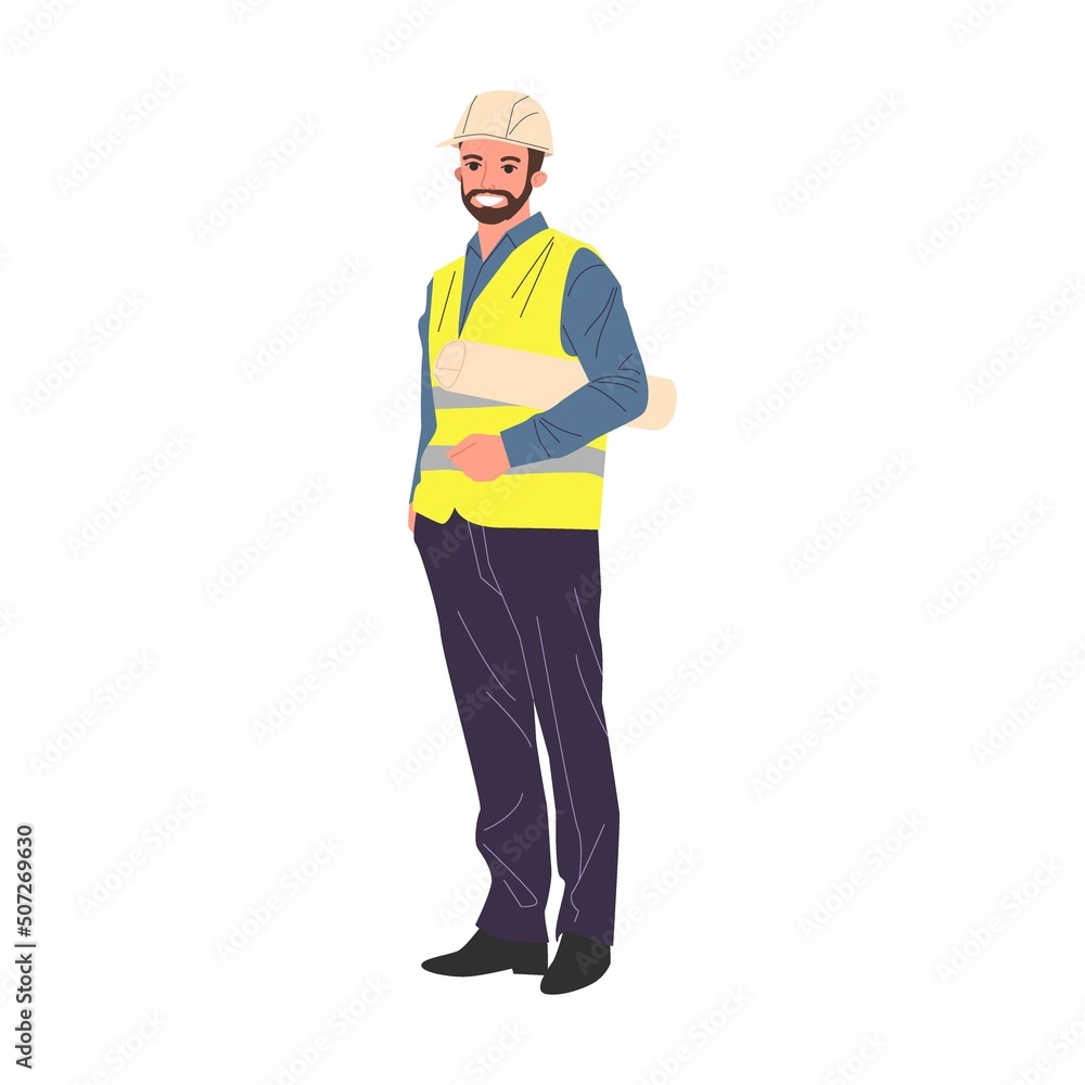 Architect engineer standing. Positive professional team in hardhats with blueprints and tools working on construction site Architect engineer standing. Positive professional team in hardhats with blueprints and tools working on construction site