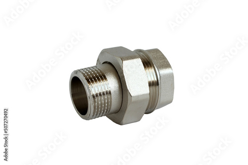 Valve for plumbing isolated on white background. Material - nickel plated brass. Closeup