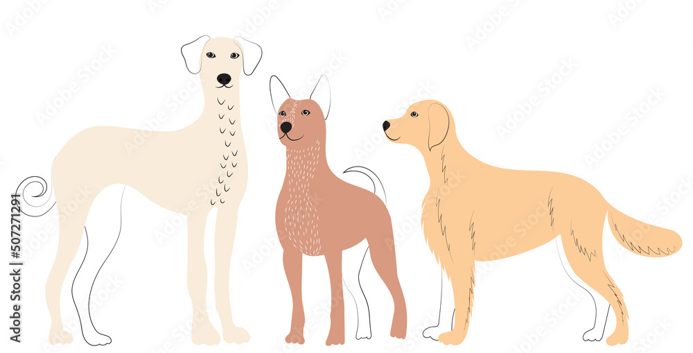 cartoon dogs  doodle, sketch, outline isolated, vector