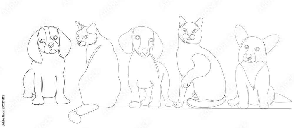 dogs and cats drawing in one continuous line, sketch, isolated, vector