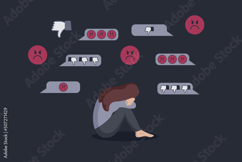 cyber bullying depressed girl sitting alone in a laptop