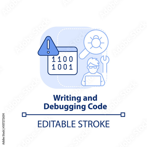Writing and debugging code light blue concept icon. Programming skill abstract idea thin line illustration. Isolated outline drawing. Editable stroke. Arial, Myriad Pro-Bold fonts used