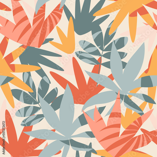 Seamless pattern with tropical leaves and plants. Floral vector tropical pattern background with exotic leaves, jungle leaf. Abstract vector design, beautiful print. Botanical pattern.