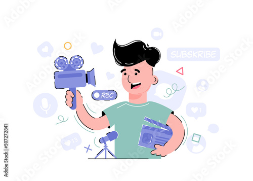 The boy holds a video camera and clapperboard in his hands. Element for the design of presentations, applications and websites. Trend illustration.