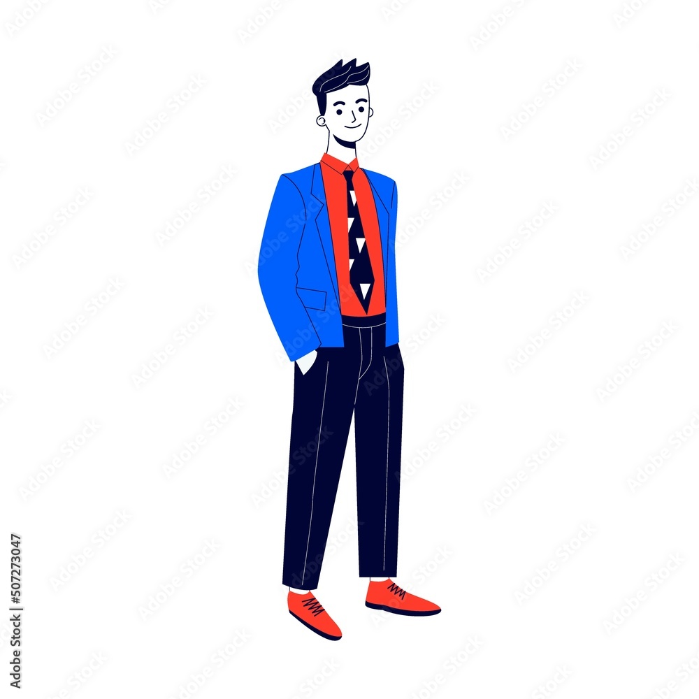 Colorful and classical male suit. Man wearing ties and jackets of different colors and styles flat vector illustration Colorful and classical male suit. Man wearing ties and jackets of different colors and styles flat vector illustration