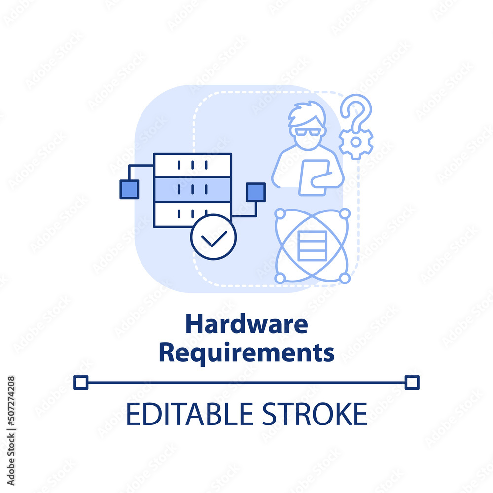 Hardware requirements light blue concept icon. Programing language choice criterion abstract idea thin line illustration. Isolated outline drawing. Editable stroke. Arial, Myriad Pro-Bold fonts used Hardware requirements light blue concept icon. Programing language choice criterion abstract idea thin line illustration. Isolated outline drawing. Editable stroke. Arial, Myriad Pro-Bold fonts used