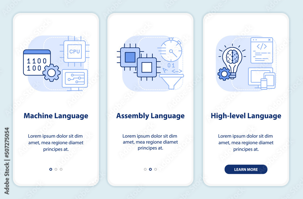Types of computer languages light blue onboarding mobile app screen. Walkthrough 3 steps graphic instructions pages with linear concepts. UI, UX, GUI template. Myriad Pro-Bold, Regular fonts used