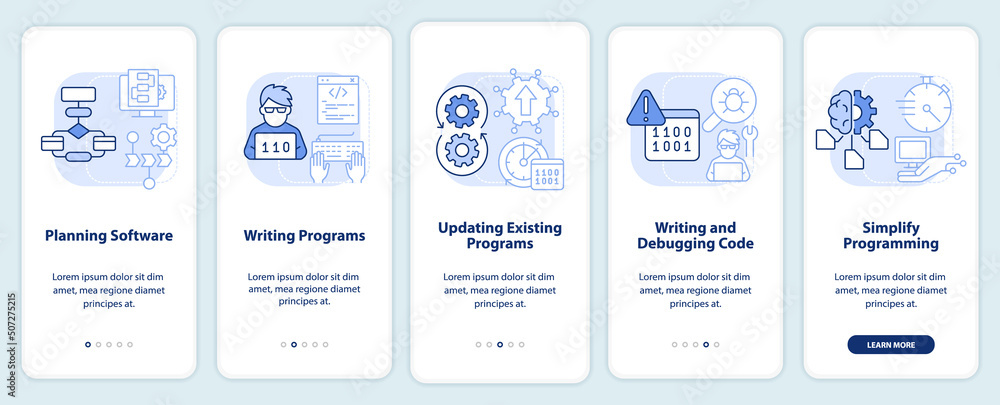 Programming skills light blue onboarding mobile app screen. Walkthrough 5 steps graphic instructions pages with linear concepts. UI, UX, GUI template. Myriad Pro-Bold, Regular fonts used