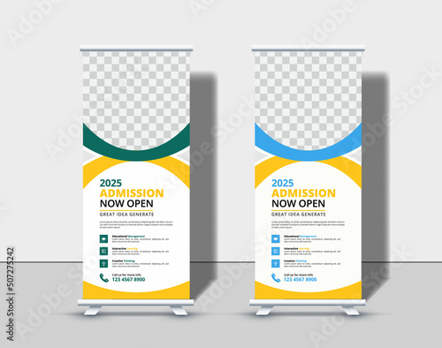 Modern school admission roll up banner template Premium Vector,  Back to school admission roll up banner design for school, college, and university.