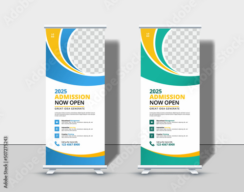Modern Back to school admission roll up banner template Premium Vector, school admission roll up banner design for school, college, university, and coaching center.