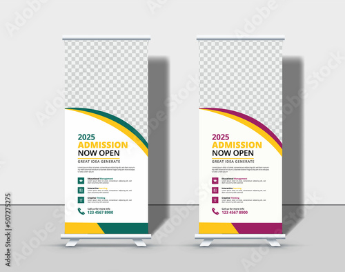 Modern school admission roll up banner template Premium Vector,  Back to school admission roll up banner design for school, college, and university.