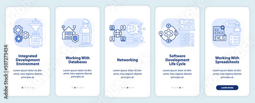 Program building skills light blue onboarding mobile app screen. Walkthrough 5 steps graphic instructions pages with linear concepts. UI, UX, GUI template. Myriad Pro-Bold, Regular fonts used