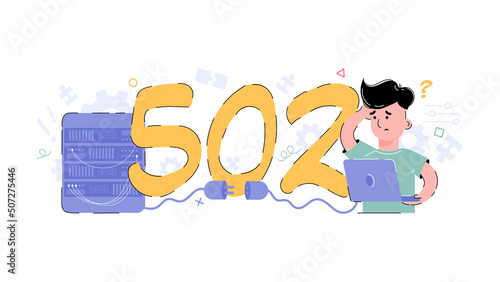 502 system error. The man is upset because of an internal server error. Flat design concept illustration.