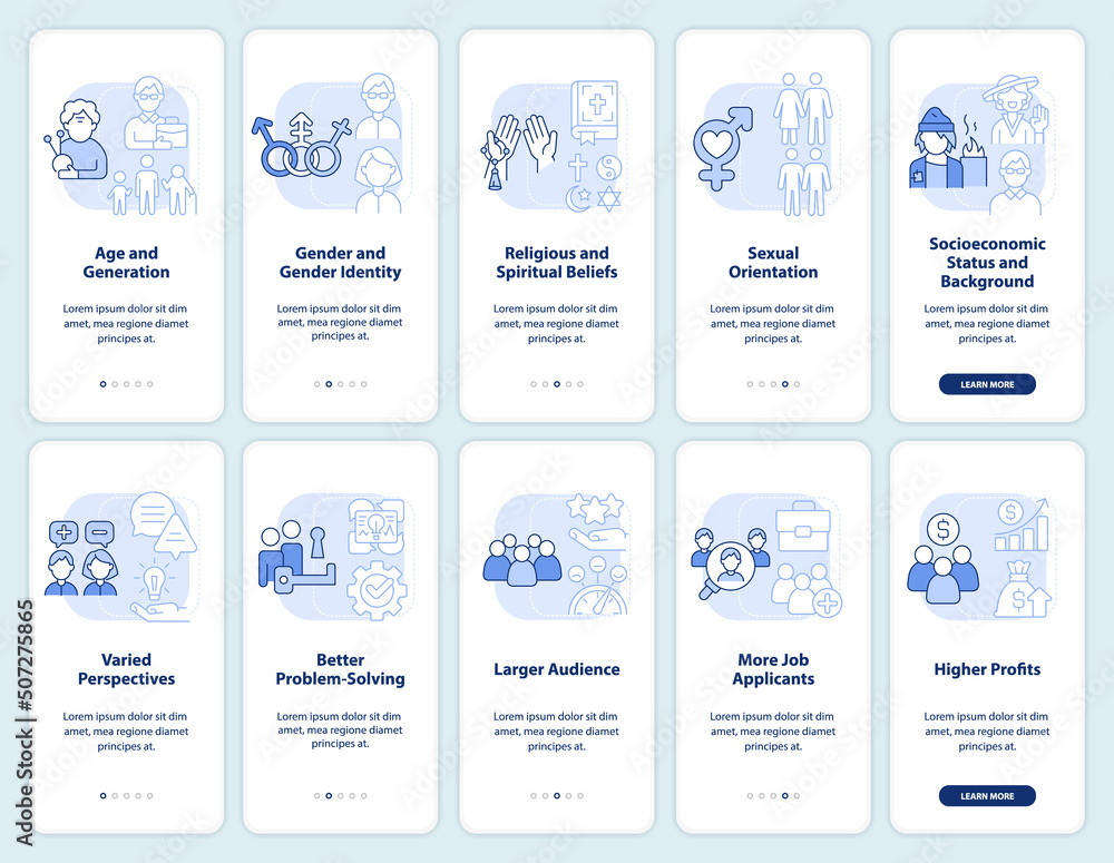 Diversity and inclusion light blue onboarding mobile app screen set. Walkthrough 5 steps editable graphic instructions with linear concepts. UI, UX, GUI template. Myriad Pro-Bold, Regular fonts used