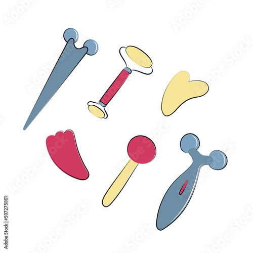 Rollers set for face. Massage tool for sculpting the skin, boosting lymphatic drainage. Devices against facial swelling. Beauty skin care equipment gadget. Sketch vector