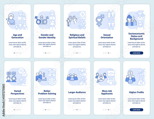 Diversity and inclusion light blue onboarding mobile app screen set. Walkthrough 5 steps editable graphic instructions with linear concepts. UI, UX, GUI template. Myriad Pro-Bold, Regular fonts used