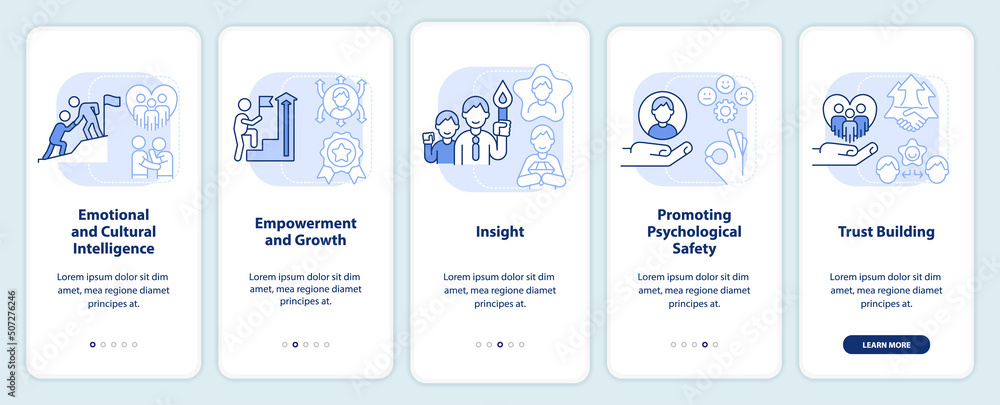 Traits of inclusive leaders light blue onboarding mobile app screen. Walkthrough 5 steps editable graphic instructions with linear concepts. UI, UX, GUI template. Myriad Pro-Bold, Regular fonts used