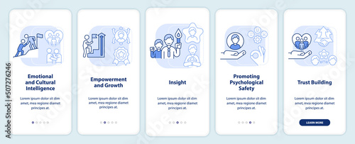 Traits of inclusive leaders light blue onboarding mobile app screen. Walkthrough 5 steps editable graphic instructions with linear concepts. UI, UX, GUI template. Myriad Pro-Bold, Regular fonts used