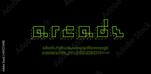 Pixel font, green alphabet made in line 3d style