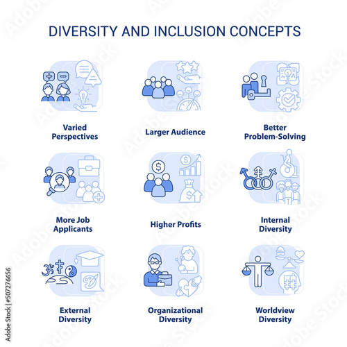 Diversity and inclusion light blue concept icons set. Varied perspectives idea thin line color illustrations. Isolated symbols. Editable stroke. Roboto-Medium, Myriad Pro-Bold fonts used