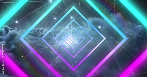 Image of blue and pink neon geometrical shapes over cloudy sky