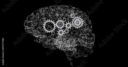 Tablou pe pânză Image of brain rotating over black background with gears
