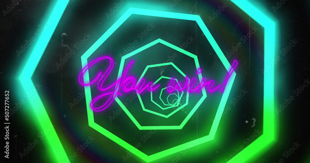 Image of you win and neon hexagons on black background