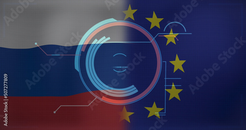 Image of scope scanning over flag of russia and eu