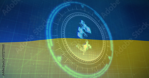 Image of scope scanning and dollar symbol over flag of ukraine