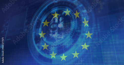 Image of scope scanning and bitcoin symbol over flag of eu