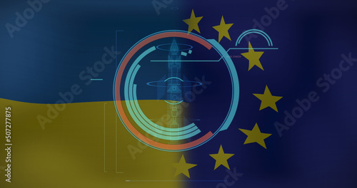 Image of scope scanning and data processing over flag of ukraine and eu