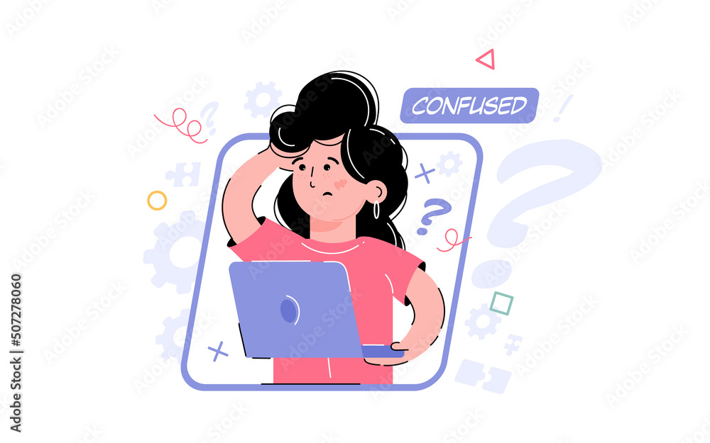 Confusion theme. Confused girl works at a computer, which has questions. Element for the design of presentations, applications and websites. Trend illustration. Confusion theme. Confused girl works at a computer, which has questions. Element for the design of presentations, applications and websites. Trend illustration.