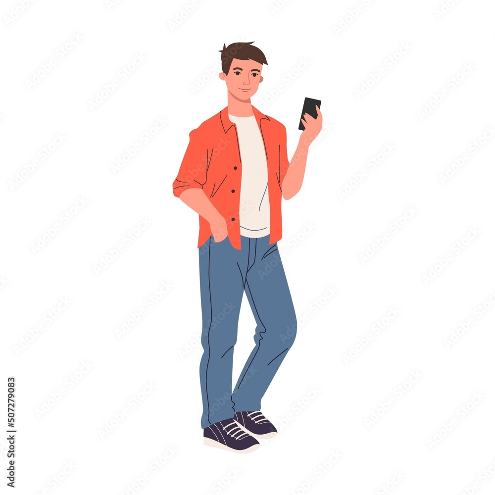 Young guy reads message in a smartphone vector illustration. Potential product consumers reading influencer advices