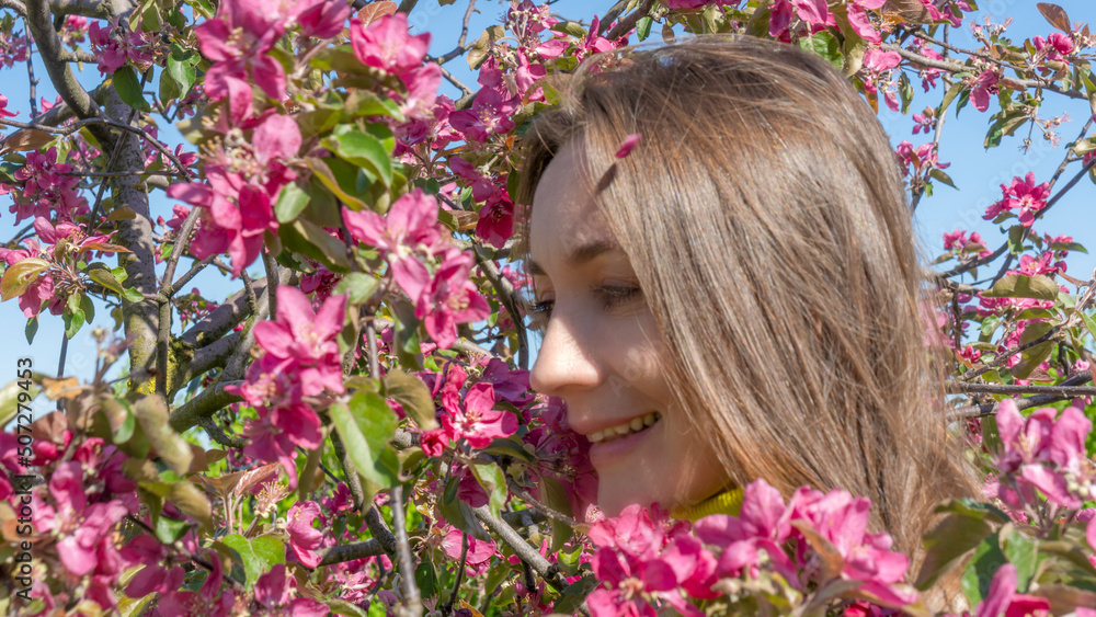 Fototapeta premium Portrait of beautiful young woman in paradise apple trees blooming park on a sunny day. Springtime. Red apple tree.
