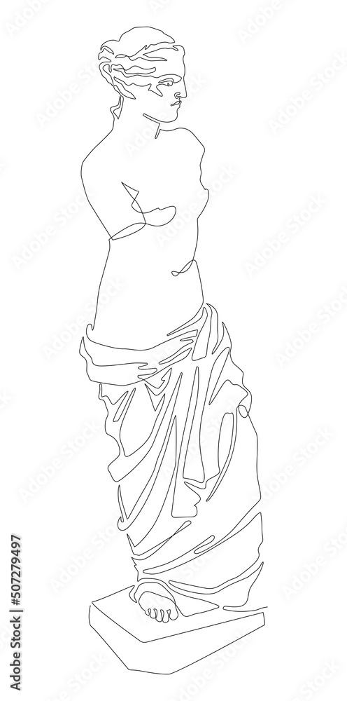 Venus de Milo. Aphrodite from the island of Melos. Continuous line drawing, vector illustration.