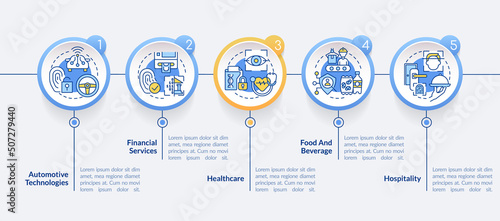 Biometric technology using circle infographic template. Safe access. Data visualization with 5 steps. Editable timeline info chart. Workflow layout with line icons. Lato-Bold, Regular fonts used