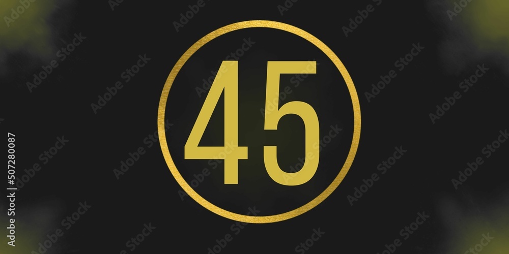 Number 45. Banner with the number forty five on a black background and gold details with a circle gold in the middle Number 45. Banner with the number forty five on a black background and gold details with a circle gold in the middle