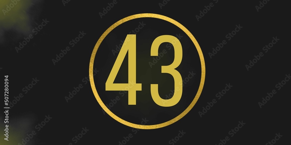 Number 43. Banner with the number forty three on a black background and gold details with a circle gold in the middle Number 43. Banner with the number forty three on a black background and gold details with a circle gold in the middle