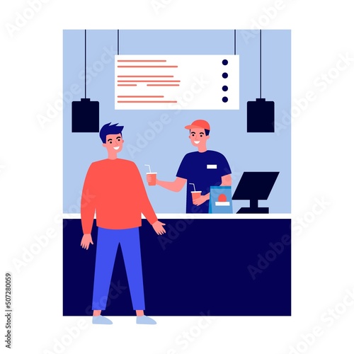 Young guy eating at fast food restaurant flat vector illustration. Man and woman having lunch at cafe or cafeteria. Lifestyle and leisure concept.