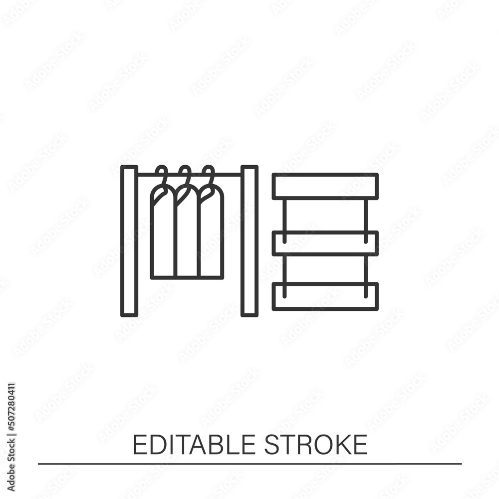 Stand line icon. Local fair or festival markets stand for selling clothings. Furniture for stores. Stall fair concept. Isolated vector illustration. Editable stroke Stand line icon. Local fair or festival markets stand for selling clothings. Furniture for stores. Stall fair concept. Isolated vector illustration. Editable stroke