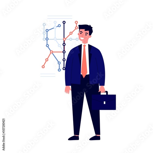 Passenger man travelling by underground flat vector illustration. People sitting in metro wagon and using smartphone during trip