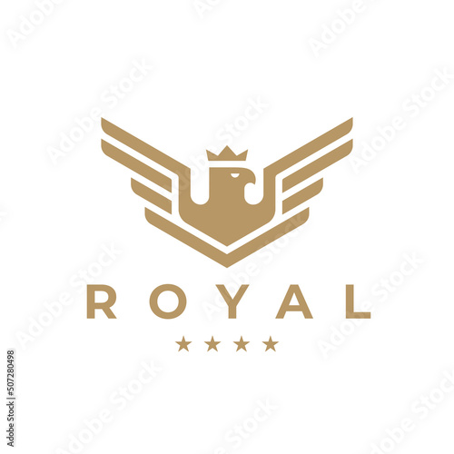 Flying royal eagle logo. Abstract bird crown icon. Gold hawk emblem. Luxury falcon shield symbol. Vector illustration.