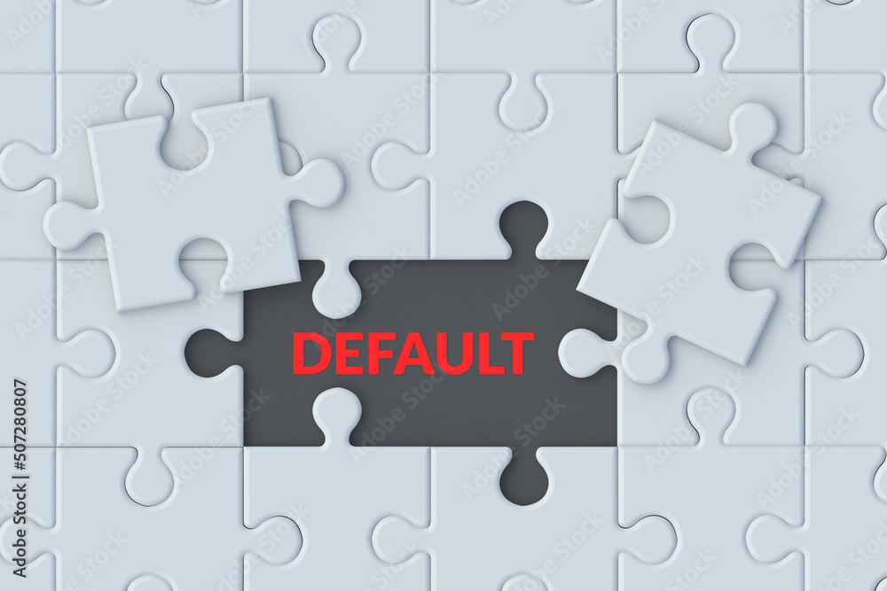 Fototapeta premium Word default and puzzle pieces jigsaw. Financial crisis. Default on debt obligations. Bankruptcy of the banking sector. Economic problem. Inflation, devaluation. Top view. 3d render