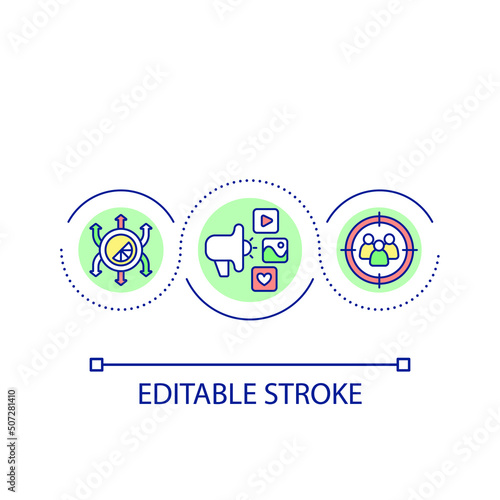 Targeted advertising loop concept icon. Personalized content. Digital first reality abstract idea thin line illustration. Isolated outline drawing. Editable stroke. Arial font used