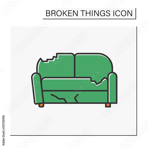 Sofa color icon. Destroyed furniture. Smashed couch in living room. Vandalism, chaos. Broken things concept. Isolated vector illustration