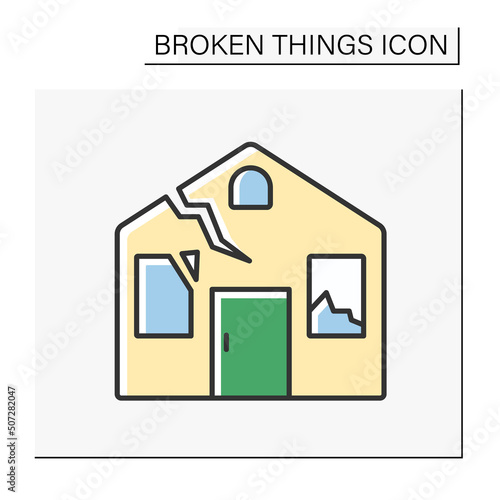 House color icon. Smashed house. Destroyed roof and windows. Need repair. Vandalism. Broken things concept. Isolated vector illustration