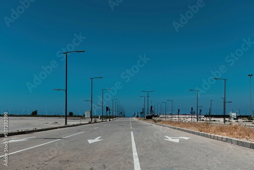 empty lanes of a street near the beach at the Beirut district of Biel