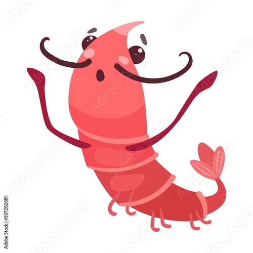 Cute shrimp cartoon illustration. Happy, frightened and surprised pink prawn characters in different poses isolated in white