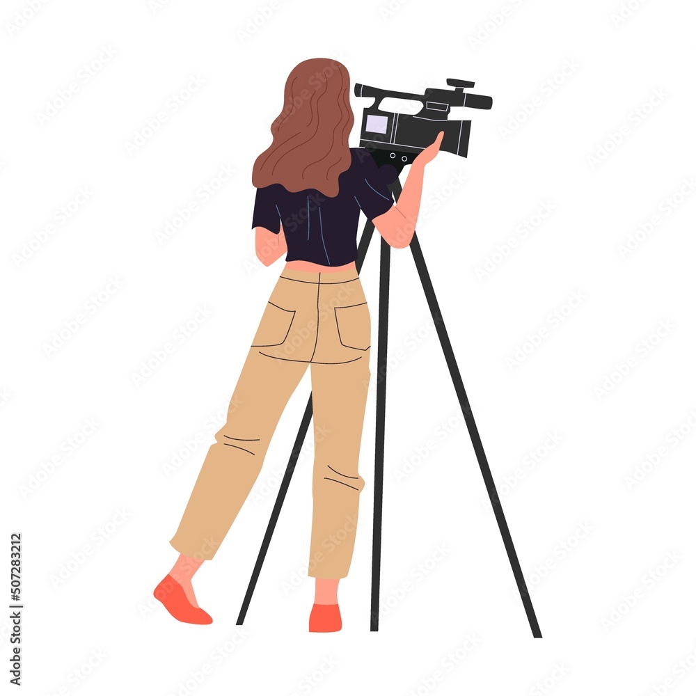 Cameramen, presenters on breaking news background flat vector illustration. TV show, channel, broadcasting concept
