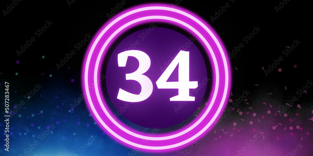 Number 34. Banner with the number thirty four on a black background and blue and purple details with a circle purple in the middle Number 34. Banner with the number thirty four on a black background and blue and purple details with a circle purple in the middle